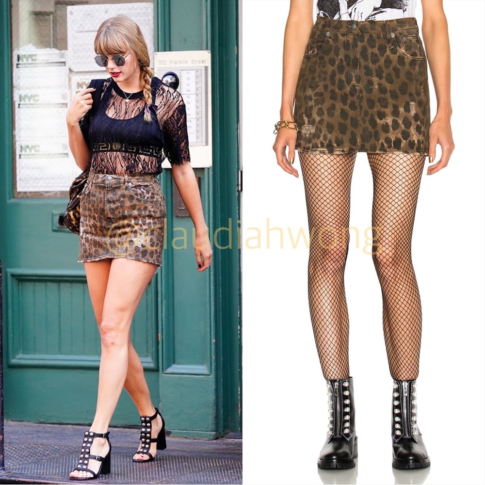 R13 Denim Leopard Print High Rise Mini Skirt in Brown
